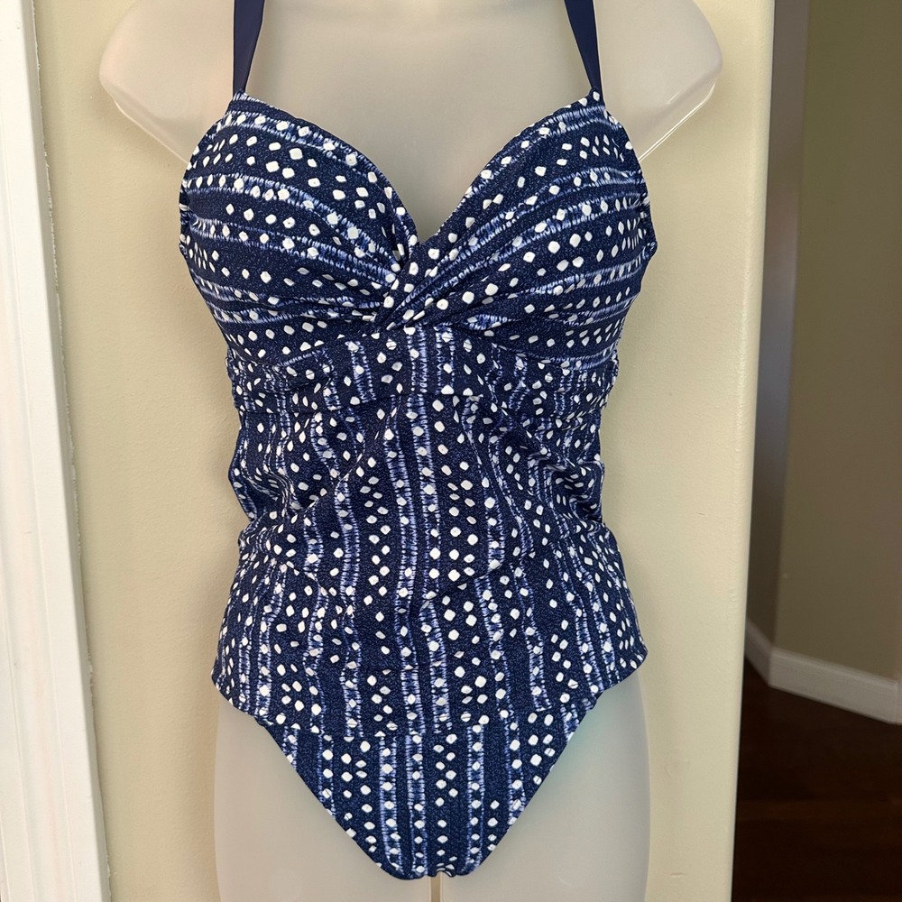 Title Nine Navy Blue White Polka Dot Tankini Set 34C Top Medium Bottoms